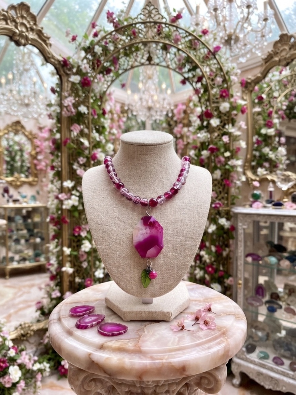 One of a kind Pink Agate antique Pendant Necklace , fairy glass beads/ Magnetic